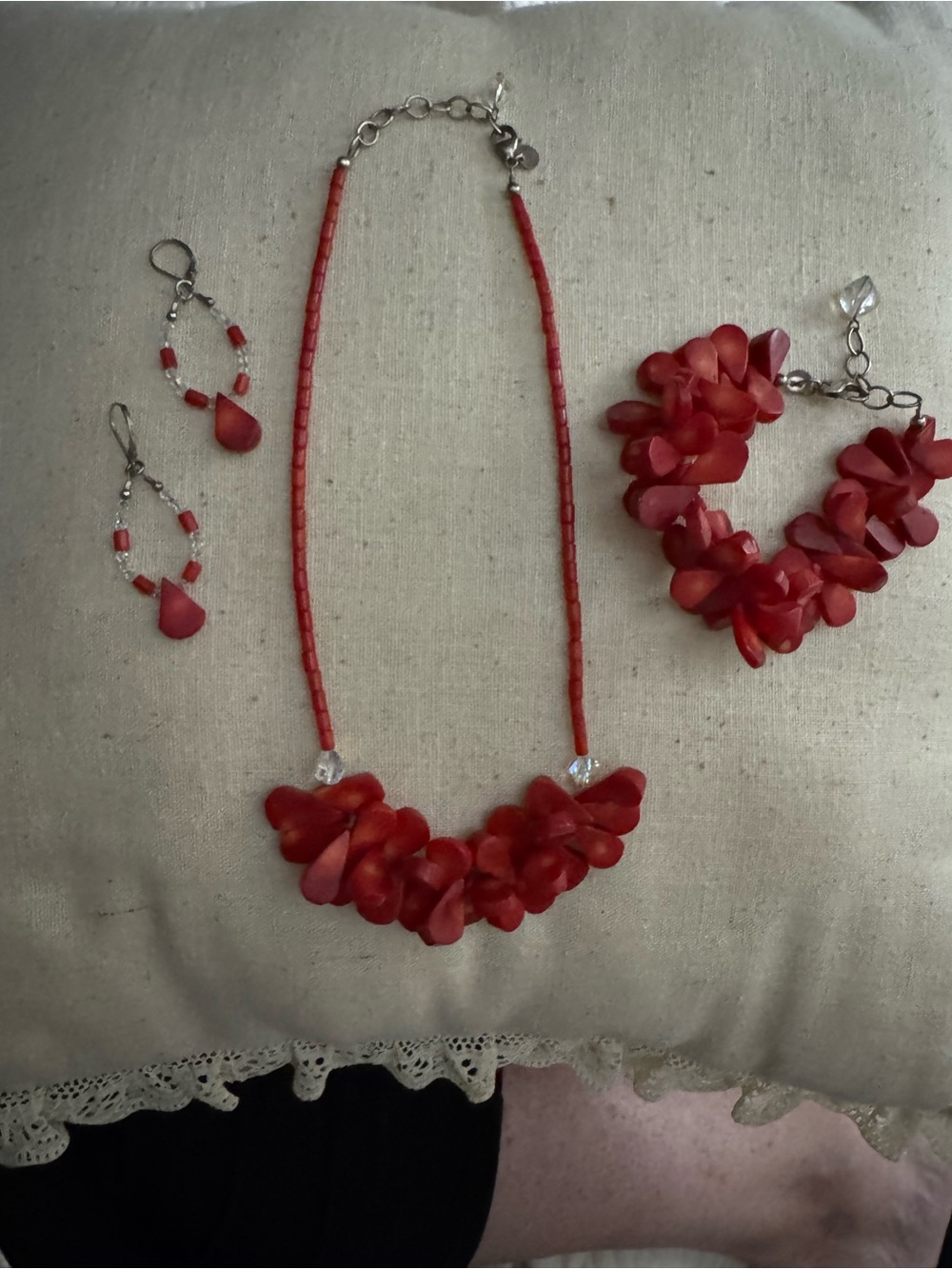 Emily Ray Red Floral Petal Statement Necklace, Braclet and earrings.